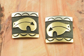Sterling Silver Bear with Heartline Design Post Earrings with 12K Gold fill. Created by Navajo Artist Tommy Singer. Signed by the Artist.